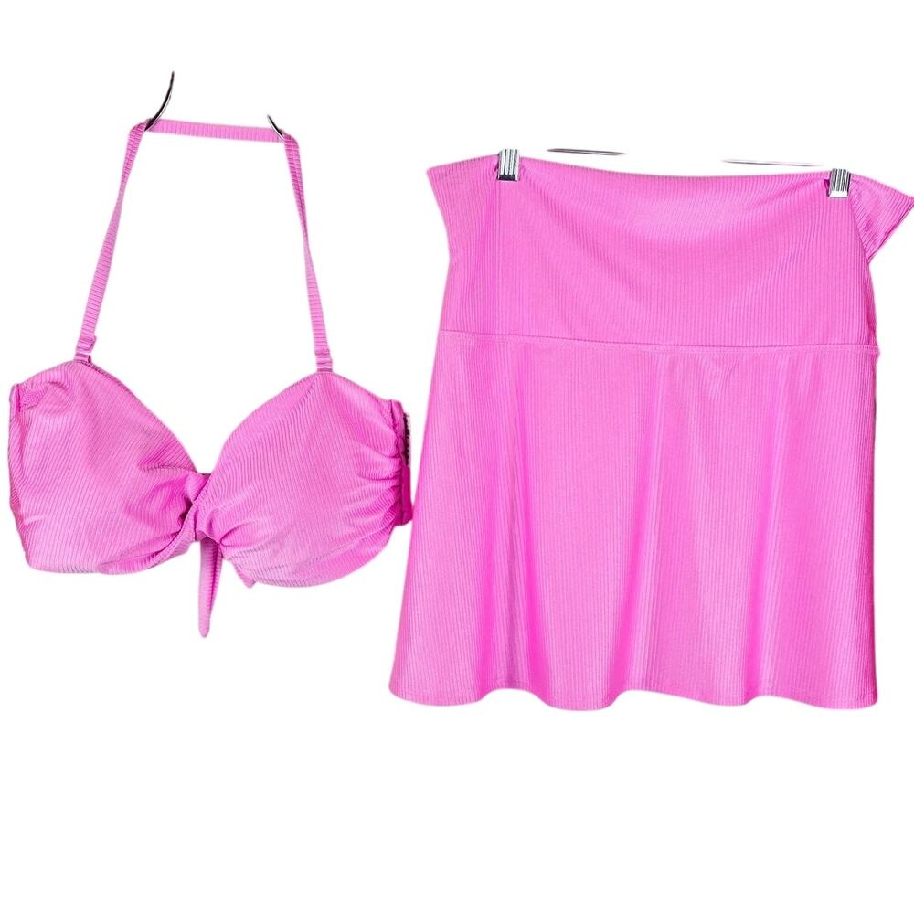 Victoria Secret Pink Ribbled Bright Pink Fold Over Skirt Bikini Top Women XL NWT